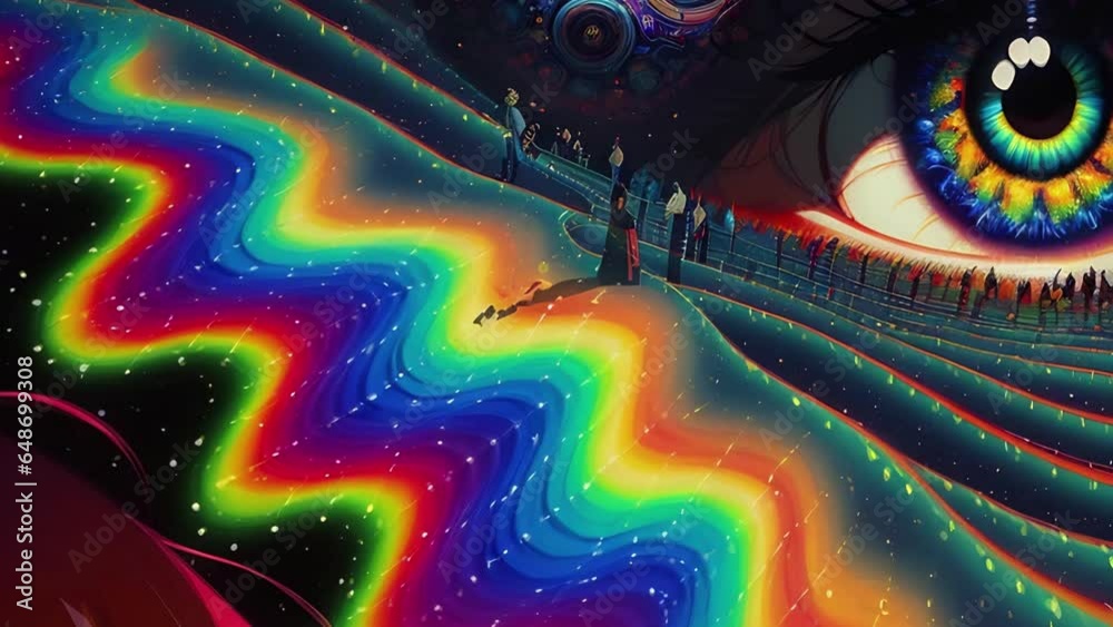 Window to the Soul Surreal Psychedelic Voyage 4K Loop features an A.I. generated video of a psychedelic trip through a world that contains many eyes leading to the center in a loop.