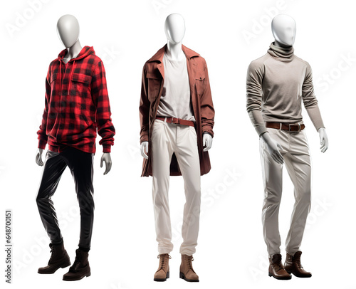 Set of three mannequins wearing stylish male autumn clothes over isolated white transparent background