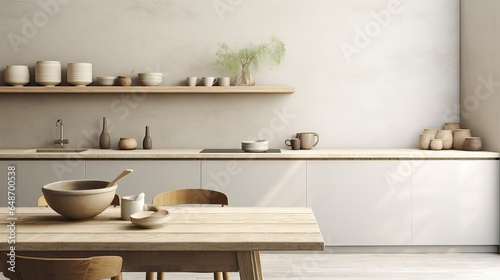 Contemporary Kitchen Interior with Wooden Table and Ceramic Tableware
