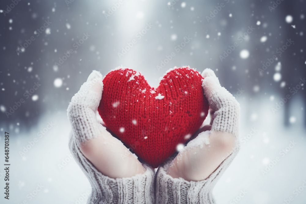 Female hands in knitted mittens holding red knitted heart on winter snowy day. High quality photo