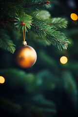 christmas wallpaper background with decorative xmas ball on fir tree - generative AI