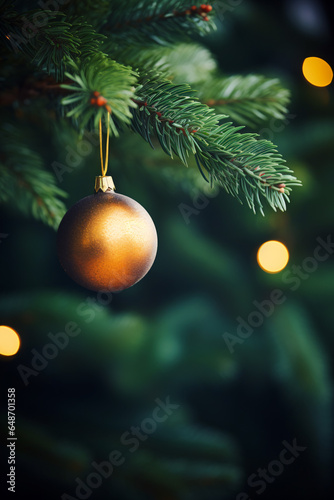Leinwand Poster christmas wallpaper background with decorative xmas ball on fir tree - generativ