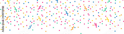 Celebration falling colorful confetti.Sparkling multicolored confetti.Border with ribbons and confetti .