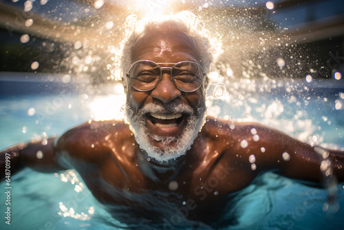 African American Senior Man with Swimming Glasses Enjoying Pool Time © Saran