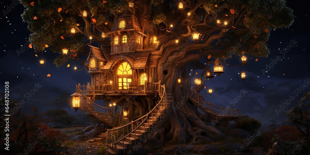 Fototapeta premium fairytale scenery art illustration, fantasy mood, elven village big tree trunk town, Generative 