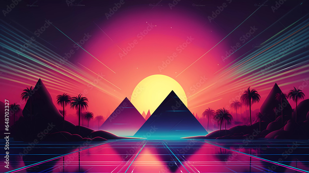 abstract synthwave background with pyramids ai generated