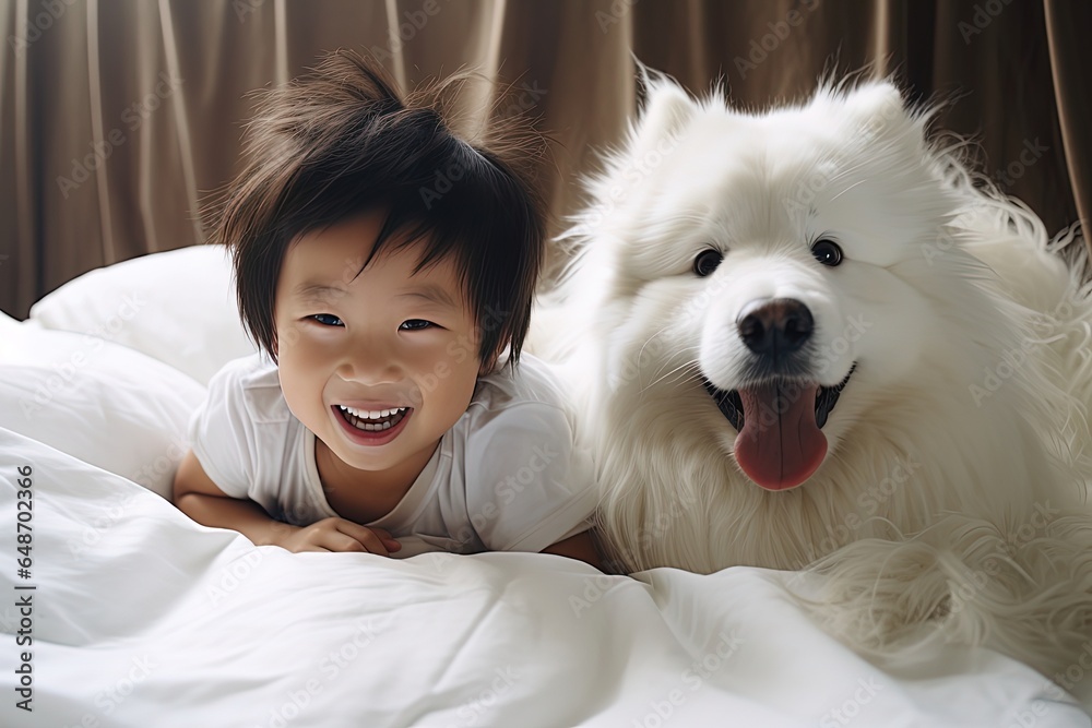 close up portrait of best friend pet, a happy Japanese boy with cute fluffy white fur dog lay down together on bed, Generative Ai close up portrait of best friend pet, a happy Japanese boy with cute fluffy white fur dog lay down together on bed, Generative Ai