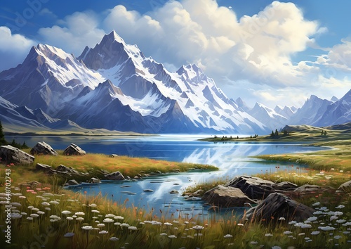 mountain lake range background spell standing plains rohan bubbly scenery snow capped mountains town setting white silver photo