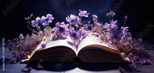 old vintage book opened on table with purple flower on it, generative Ai © QuietWord