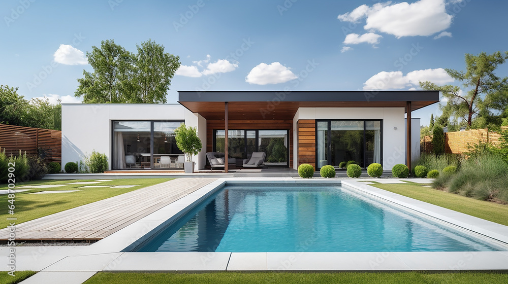 Modern ranch style minimalist cubic house with pool