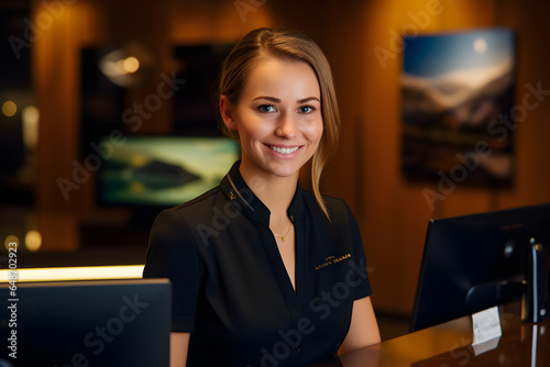 smiling young woman at the hotel reception desk