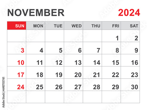 Calendar 2024 template, November 2024 layout, Printable minimalist monthly planner, Desk Calendar 2024 template, Wall calendar design, Week Start On Sunday, Stationery, printing, red color, vector