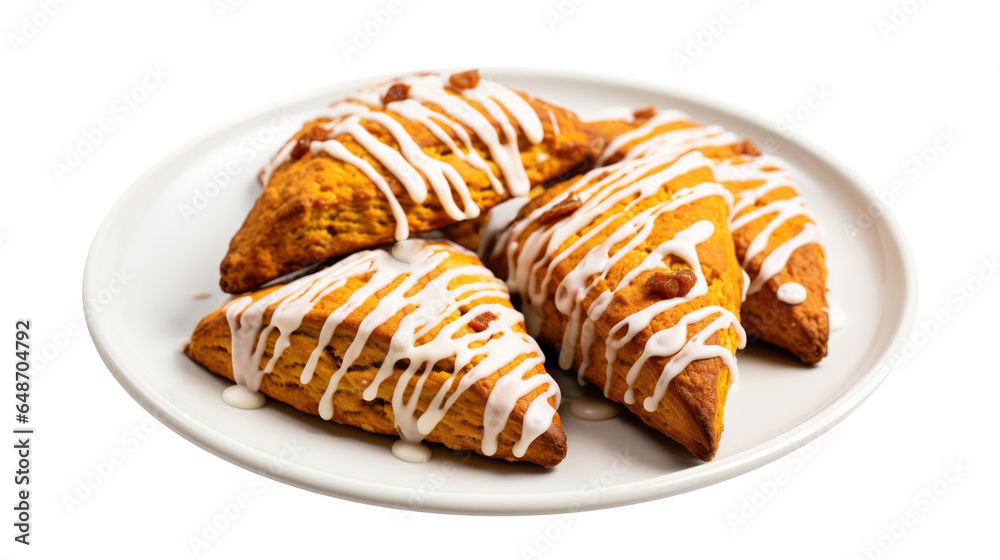 A Plate of Pumpkin Scones with Icing Isolated on a Transparent Background