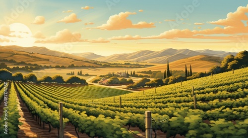 a peaceful  sun-drenched vineyard  with rows of grapevines stretching as far as the eye can see