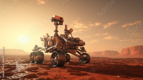 a robotic exploration rover on the surface of Mars, symbolizing humanity's quest for knowledge beyond Earth