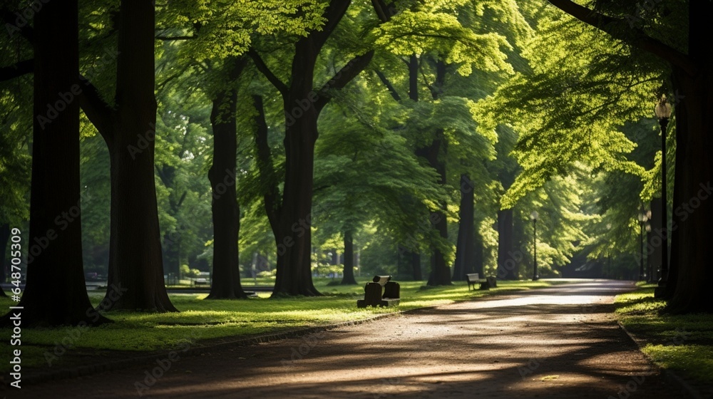 a sunlit, tree-lined path in a city park, where dappled light filters through the leaves, creating a calming atmosphere