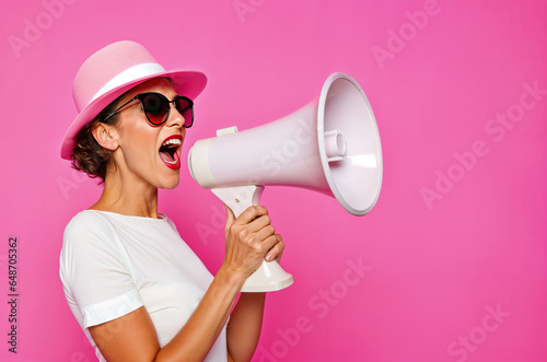 Trendy middle-aged woman screaming in a loudspeaker, announcing discount and offer sales, pastel pink background, black friday shopping concept, megaphone, hurry