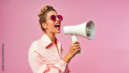 Trendy young woman screaming in a loudspeaker, announcing discount and offer sales, pastel pink background, black friday shopping concept, megaphone, hurry