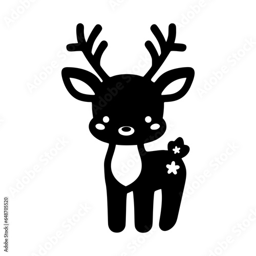 Black silhouette of a deer. Baby deer wild animal. Simple black silhouette graphic. Cartoon kawaii style. Vector illustration on white isolated background.