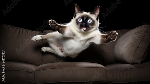 an agile Siamese cat gracefully leaping onto a couch, capturing the elegance of its mid-air acrobatics