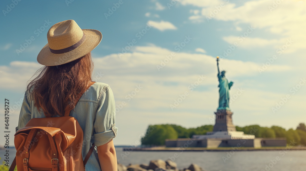 Back view of Tourist woman with hat and backpack on vacation looking at Statue of liberty. Digital illustration generative AI.