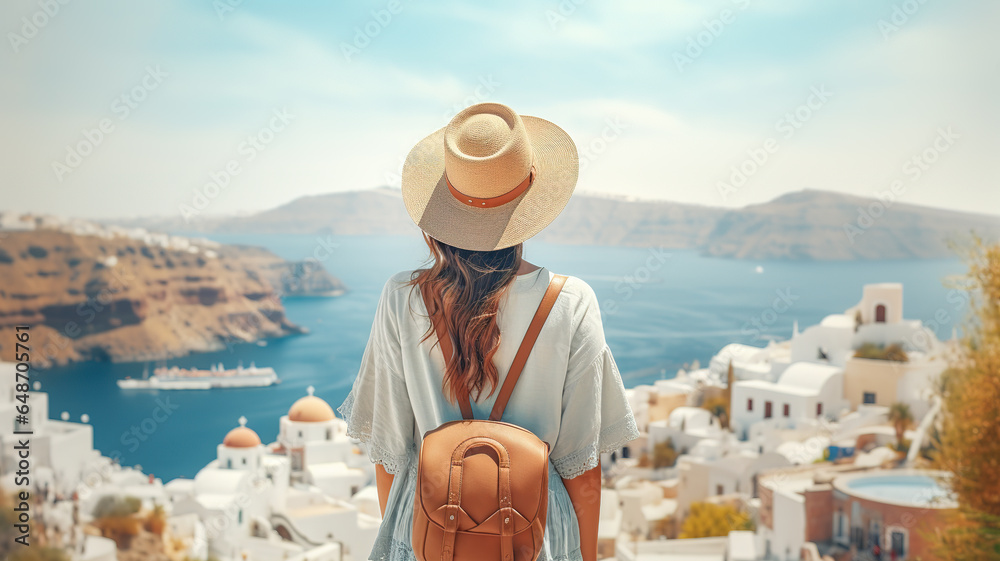 Back view of Tourist woman with hat and backpack on vacation in Santorini. Digital illustration generative AI. - obrazy, fototapety, plakaty 