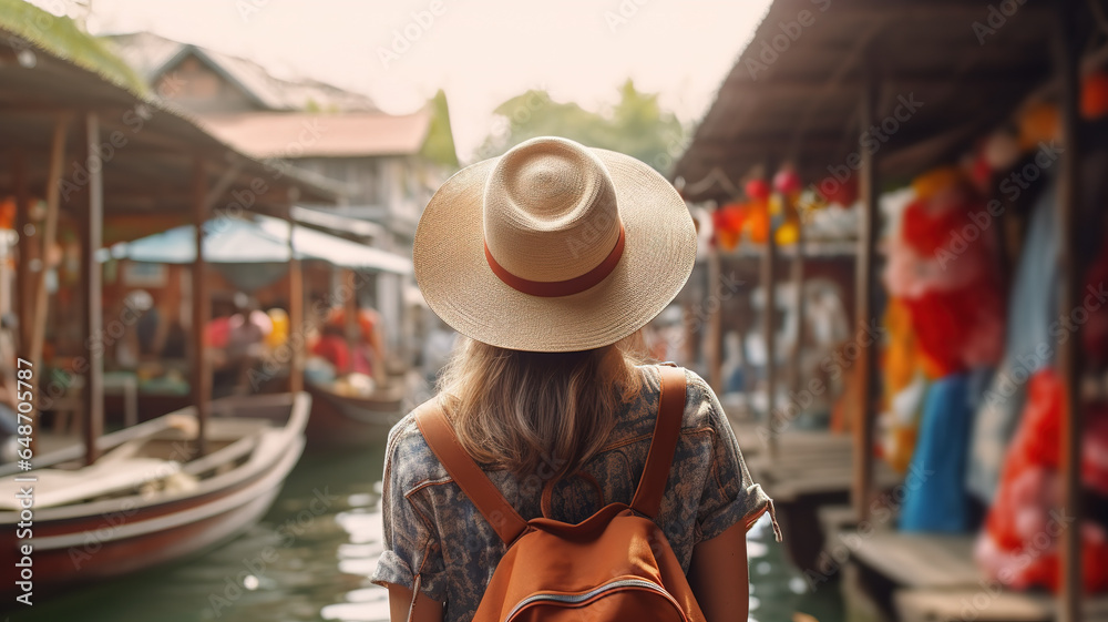 Back view of Tourist woman with hat and backpack on vacation in Bangkok, looking at floating Thai market. Digital illustration generative AI.
