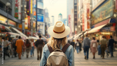 Back view of Tourist woman with hat and backpack on vacation in Japan. Crowded area in Tokyo. Digital illustration generative AI.
