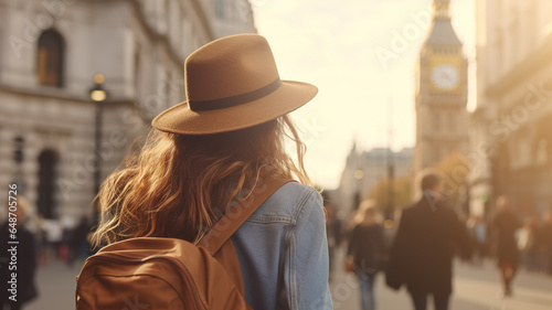 Photo Back view of Tourist woman with hat and backpack on vacation in London