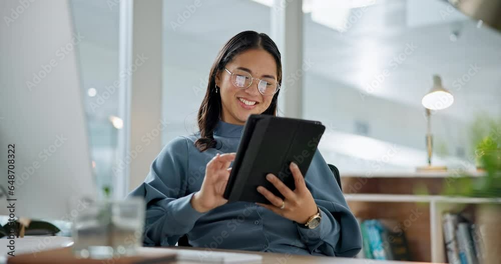 Business woman, tablet and happy for office research or data analysis, social media marketing and stats review. Young analyst smile on digital technology, reading feedback and online website results