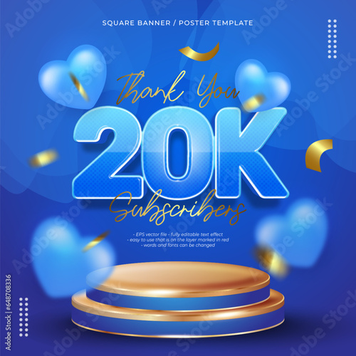 Vector blue square celebration banner for 20k followers with instagram posts design