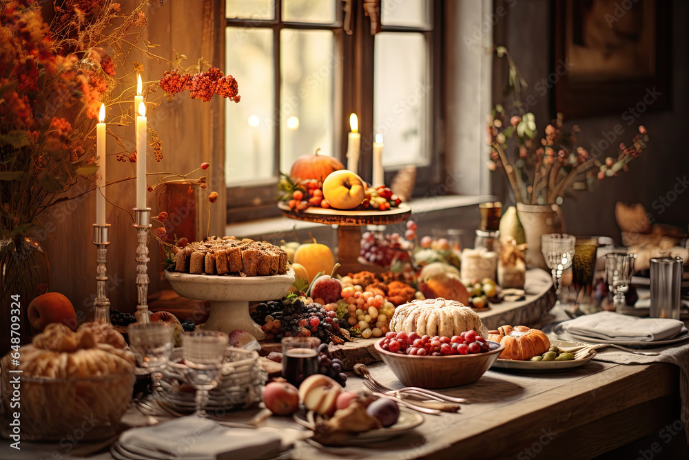 Christmas table setting, vintage style with candles and food