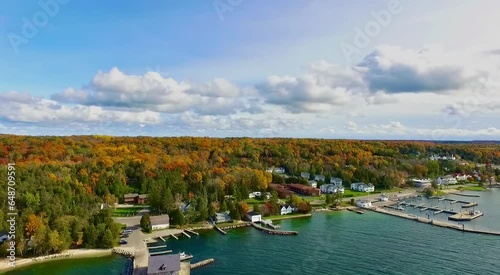 The shore of Lake Michigan by the Anderson Dock Ephraim Door County Wisconsin on a sunny day drone footage