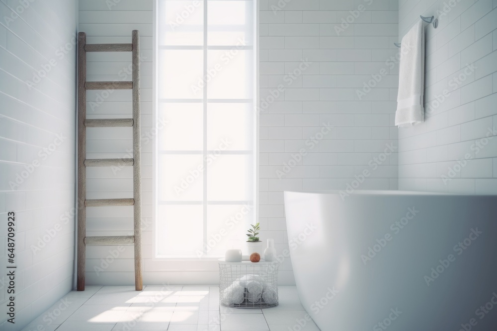 A white bath tub sitting next to a wooden ladder