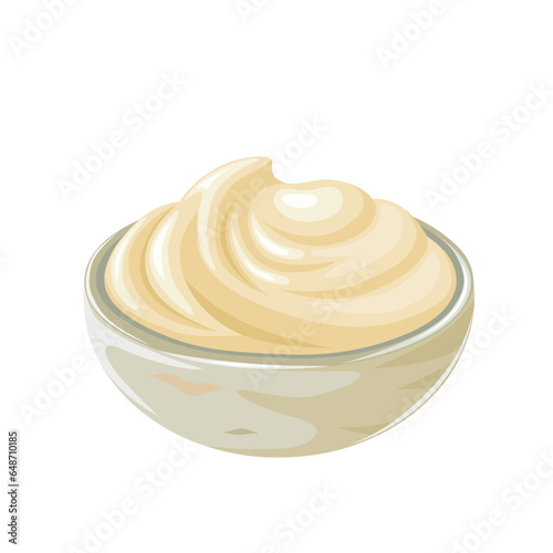vector illustration, mayonnaise in a bowl, isolated white background.