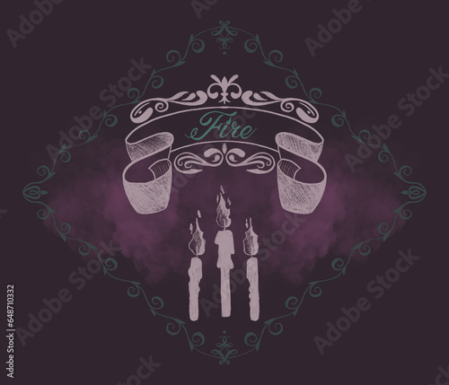 Hand drawn textural illustration with a gothic aesthetic with one of the four magical elements Fire in the form of candles. Vintage boho art with mystical atmosphere in pink and green colors. (ID: 648710332)