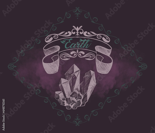 Hand drawn textural illustration with a gothic aesthetic with one of the four magical elements Earth in the form of a crystal. Vintage boho art with mystical atmosphere in pink and green colors. (ID: 648710361)