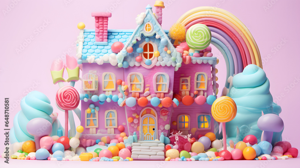 色鮮やかな虹とお菓子でできた家