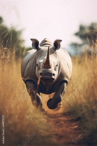 A rhino running through a field of tall grass