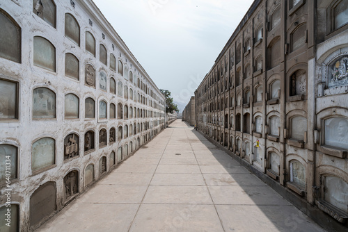 Lima, Peru - June 26, 2022: Presbítero Maestro museum cemetery, pavilions full of niches.