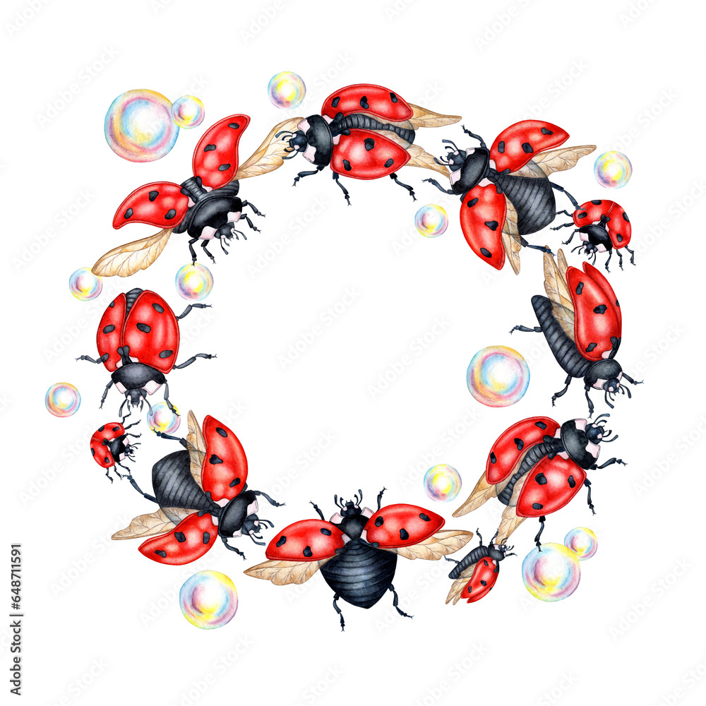 Watercolor illustration round frame Red ladybugs with black dots and soap bubbles. Round frame, wreath, template isolated on white background. Design for cards, posters, banners, congratulations, 