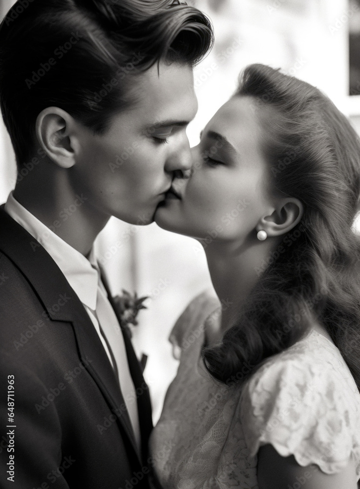 Fototapeta premium Couple's Romantic Black and White Kiss Close-Up Before Wedding