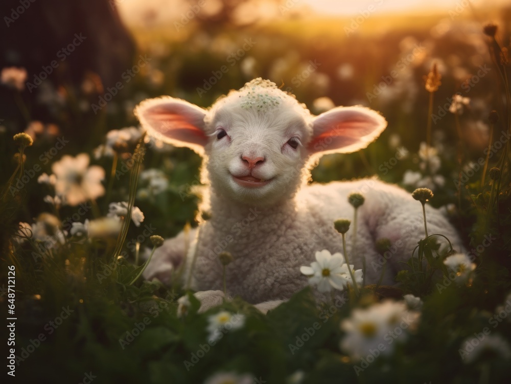 Obraz premium A lamb laying in a field of white flowers