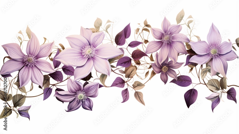 a delicate transparent background image with a cluster of unique clematis flowers, known for their twisting and climbing vines