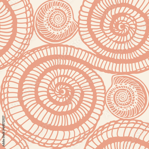Pastel terracotta hued abstract seashell motif texture print. Vector illustration. Perfect for textile, vacation themed fabric, beachwear, stationery, wallpaper, packaging dewsign, home and garden