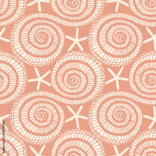 Pastel coral abstract seashell and sea star pattern texture print. Vector illustration. Vector illustration. Perfect for textile, vacation themed fabric, beachwear, stationery, wallpaper, packaging