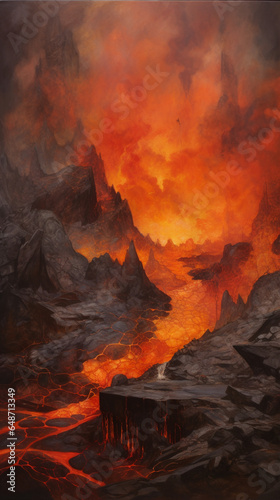 illustration of volcanic area with fire and lava
