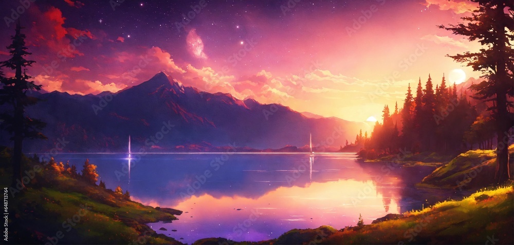 beautiful desktop background, in anime style, forest, lake, mountains, sunset, space background , AI generation