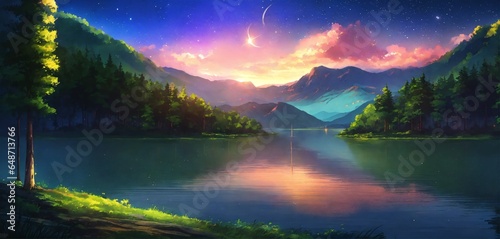 beautiful desktop background, in anime style, forest, lake, mountains, sunset, space background , AI generation