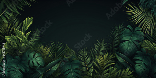Tropical background with monstera leaves on dark background.